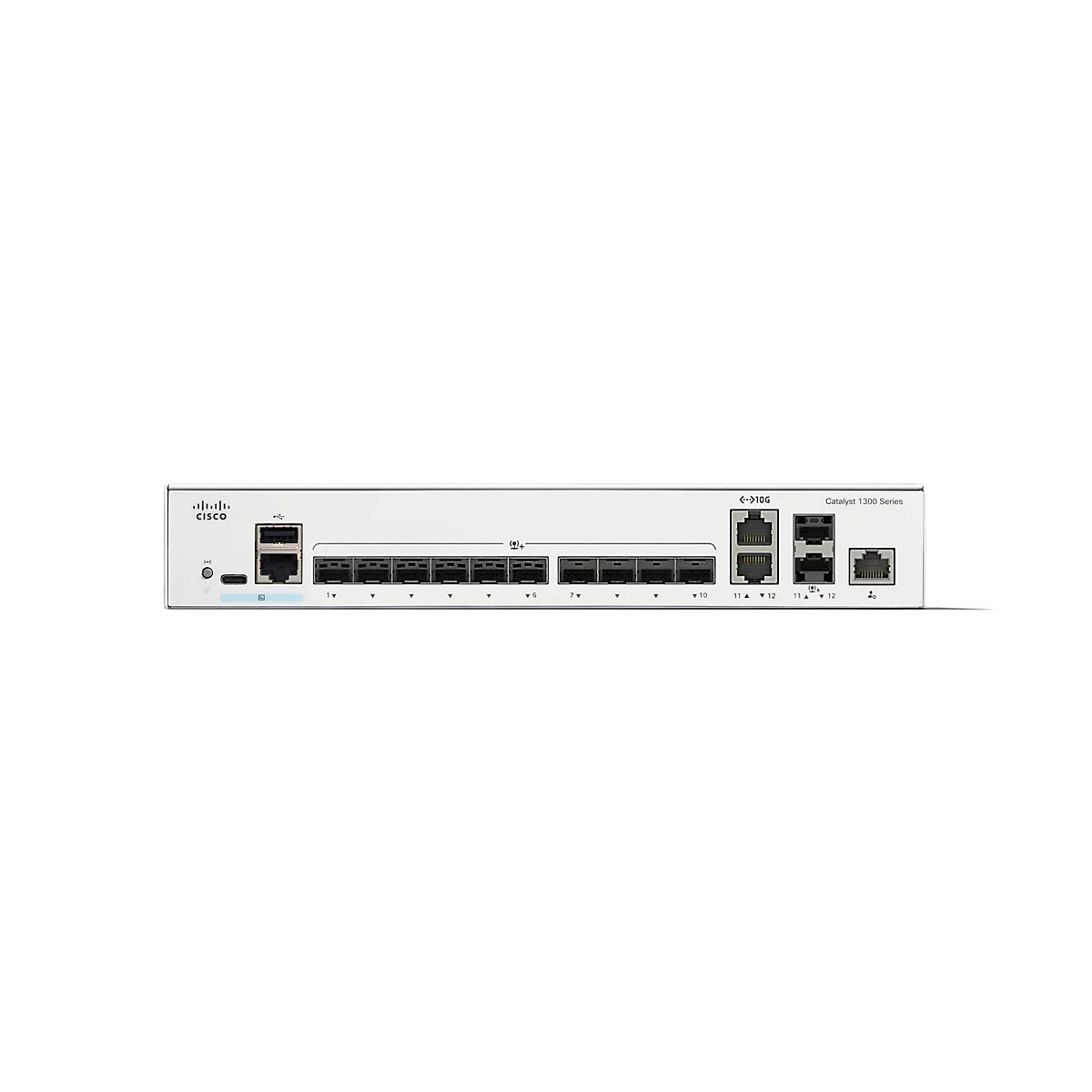 Ein weißes Netzwerkgerät, Cisco Catalyst 1300 Series. Es hat mehrere Ports, Anschlüsse und Anzeigen.