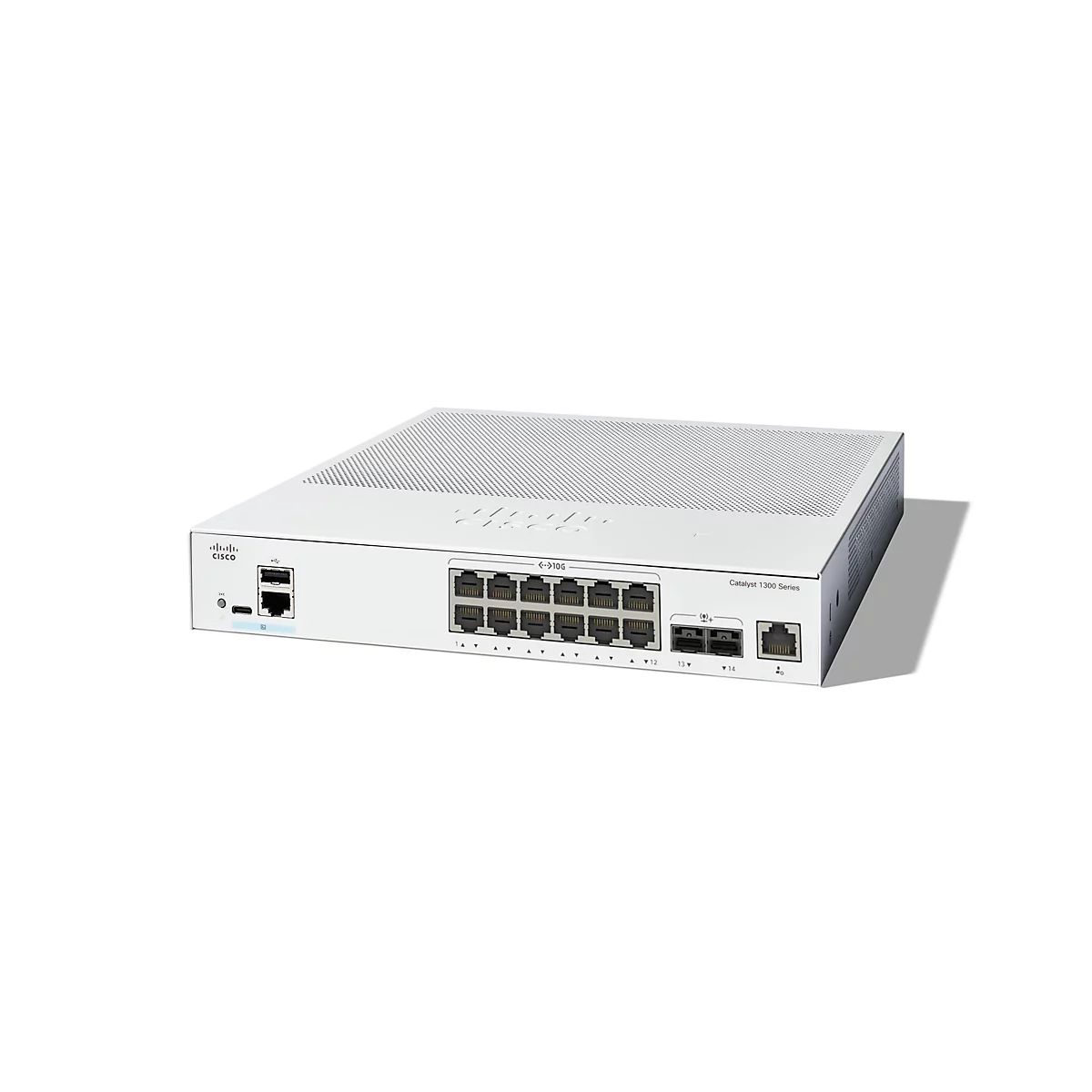 Ein weißer Cisco Catalyst 1300 Series Switch vor weißem Hintergrund. Das Gerät hat mehrere Anschlüsse und das Cisco-Logo.