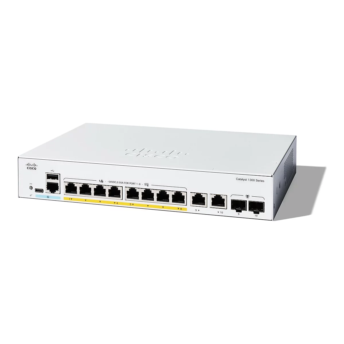 Un commutateur Cisco Catalyst 1300 Series blanc sur fond blanc. L'appareil dispose de plusieurs ports réseau et indicateurs LED.
