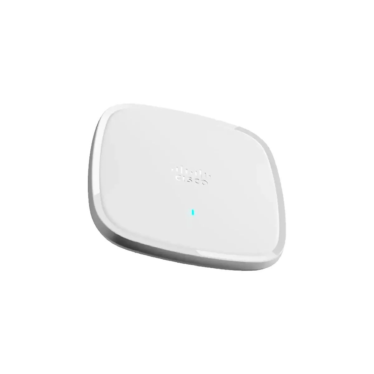 Ein weißes, ovales Gerät mit einem silbernen Rand und einem blauen Licht. Auf der Oberseite steht "cisco".