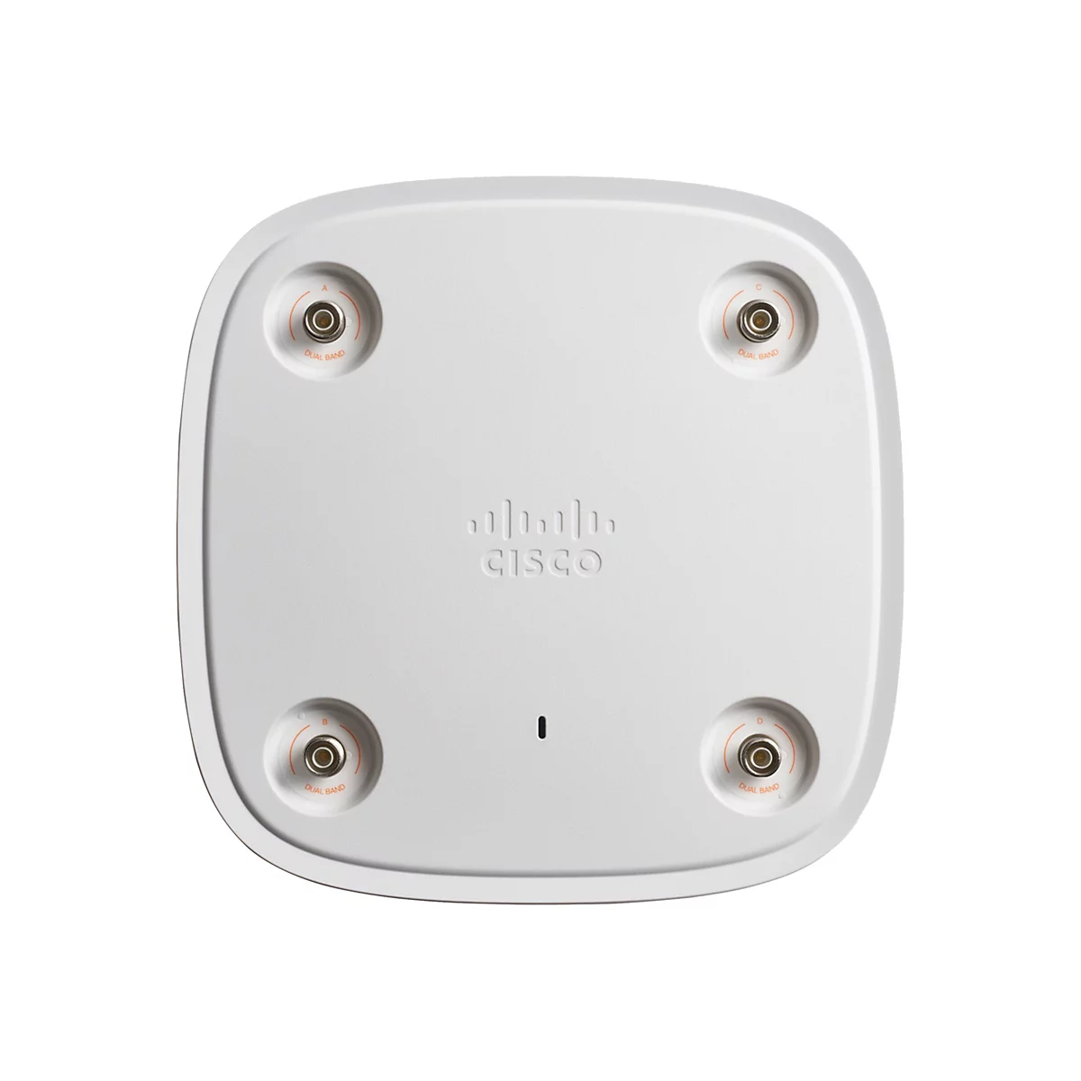 Draufsicht auf ein weißes Cisco-Gerät mit vier Anschlussbuchsen mit der Aufschrift „Dual Band“. Das Cisco-Logo ist ebenfalls sichtbar.