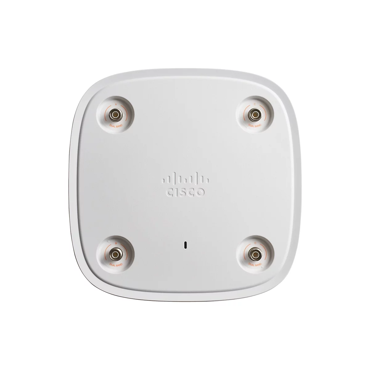 Draufsicht auf ein weißes, abgerundetes elektronisches Gerät mit vier kreisförmigen Anschlüssen und dem Cisco-Logo.