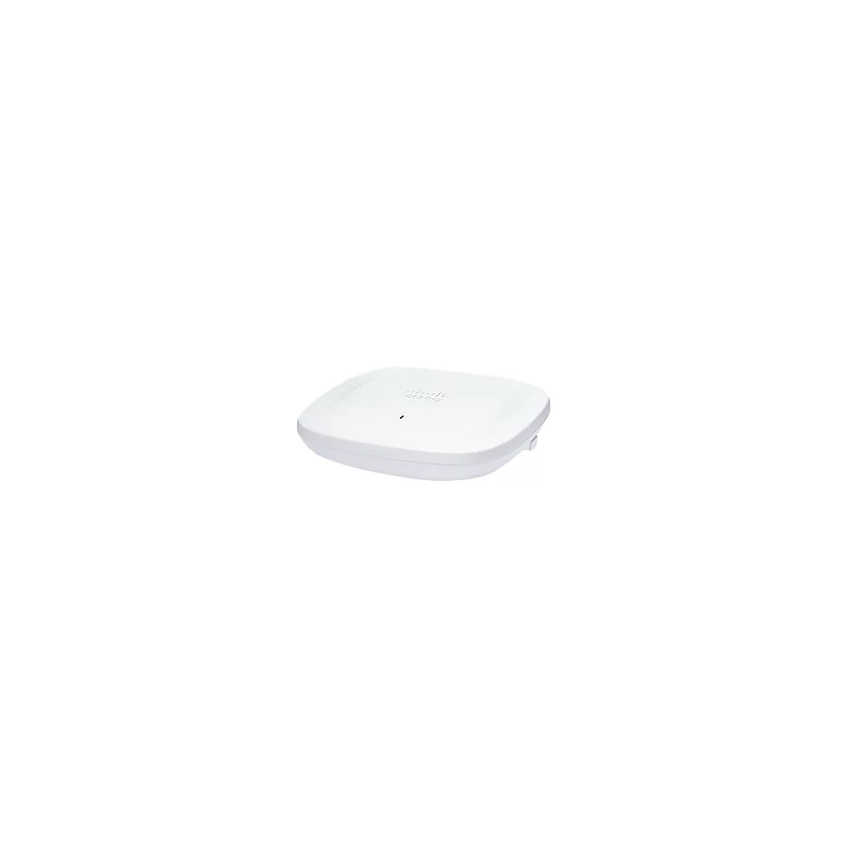 Ein weißer, quadratischer Cisco Wireless Access Point. Oberseite mit Firmenlogo, kleiner schwarzer Punkt. Abgerundete Kanten.