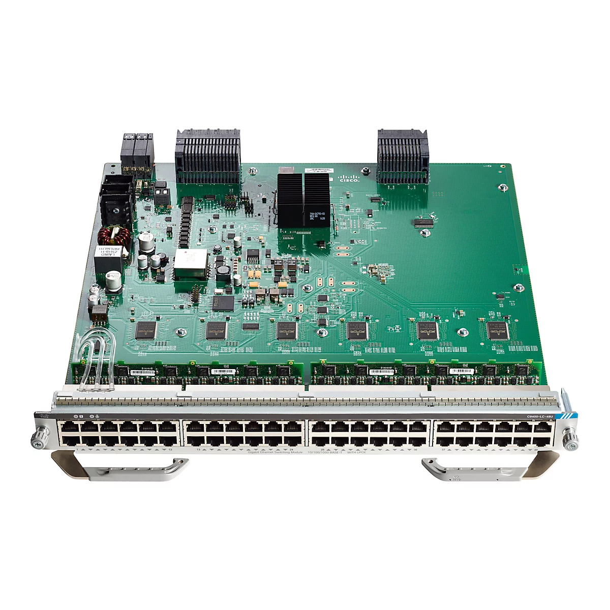 Grüne Platine mit zahlreichen elektronischen Bauteilen, Anschlüssen und einem Metallgehäuse mit Griffen. Die Platine trägt Logos von Cisco.