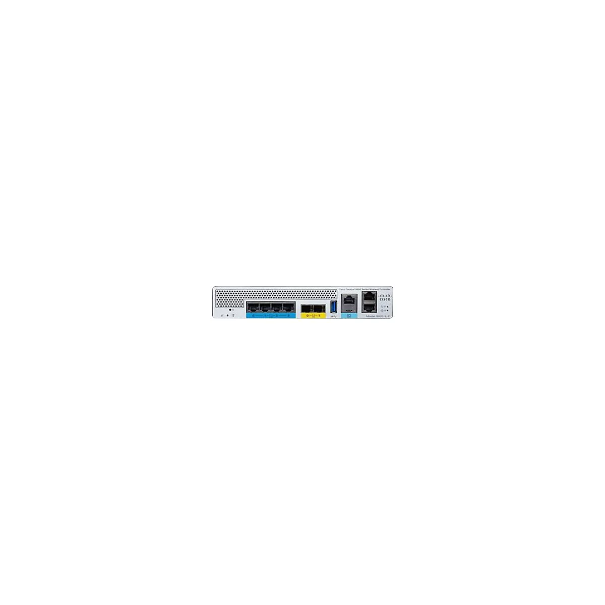 Ein weißer Cisco Catalyst 9800 Series Wireless Controller, Rückseite mit Anschlüssen. Blau, gelb und graue Anschlüsse, USB und Anschlüsse.