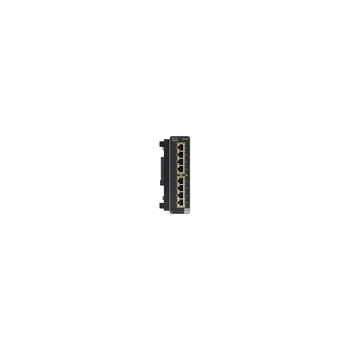 Ein schwarzer Netzwerk-Switch von Cisco mit acht Ports und gelben Umrandungen. Der Switch ist auf weiÃŸem Hintergrund abgebildet.