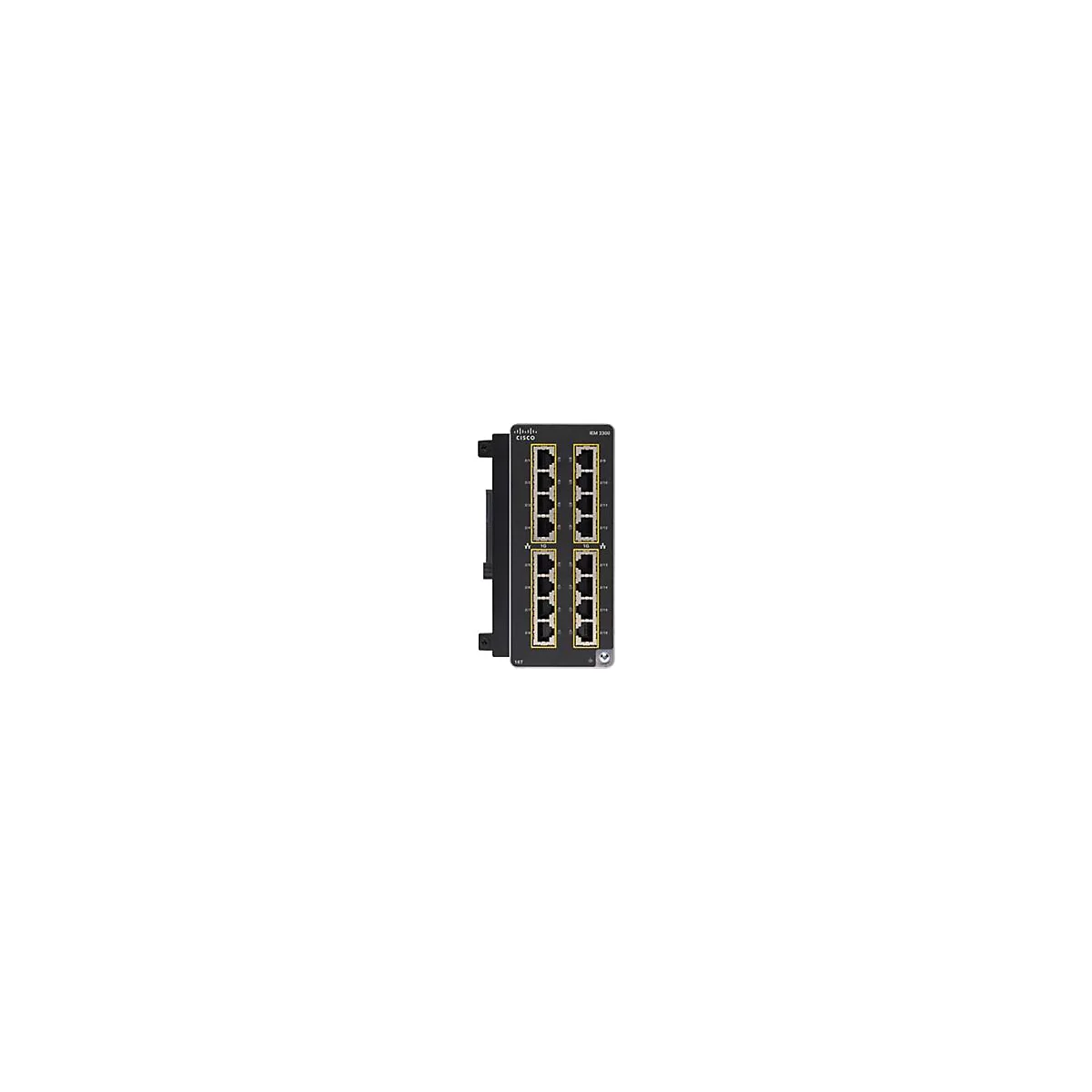 Schwarzer Netzwerk-Switch mit 16 Ports, beschriftet mit Cisco-Logo und Modellnummer.
