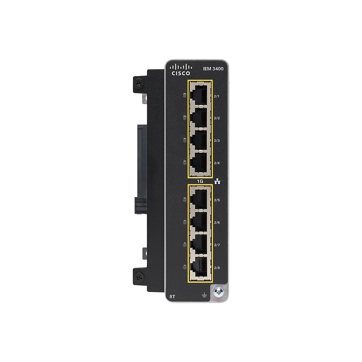 Ein schwarzer Cisco-Switch, Modell IEM 3400, mit acht Anschlüssen, Beschriftungen und dem Cisco-Logo.