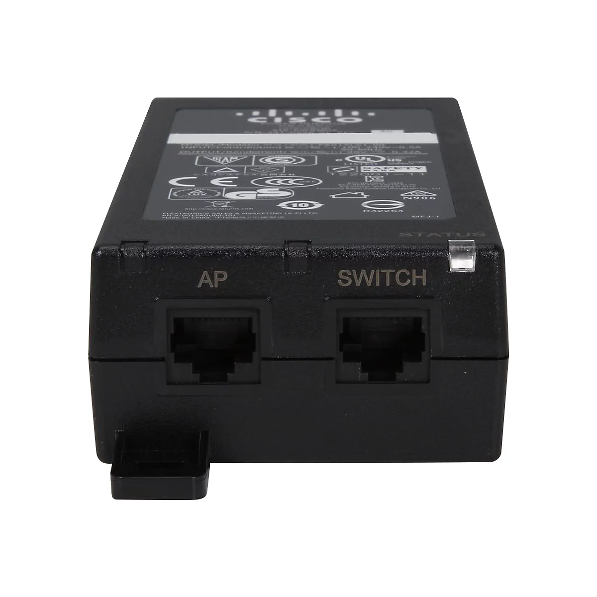Bloc d'alimentation réseau Cisco noir. Marquages techniques en haut, deux ports en bas, avec les mentions "AP" et "SWITCH".