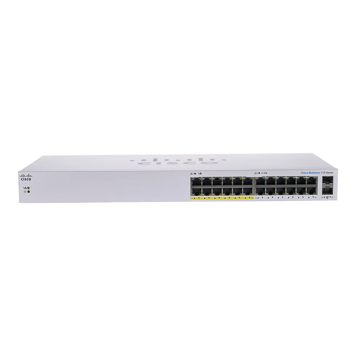 Un commutateur Cisco Business 110 Series blanc avec des ports et des LED sur fond blanc.
