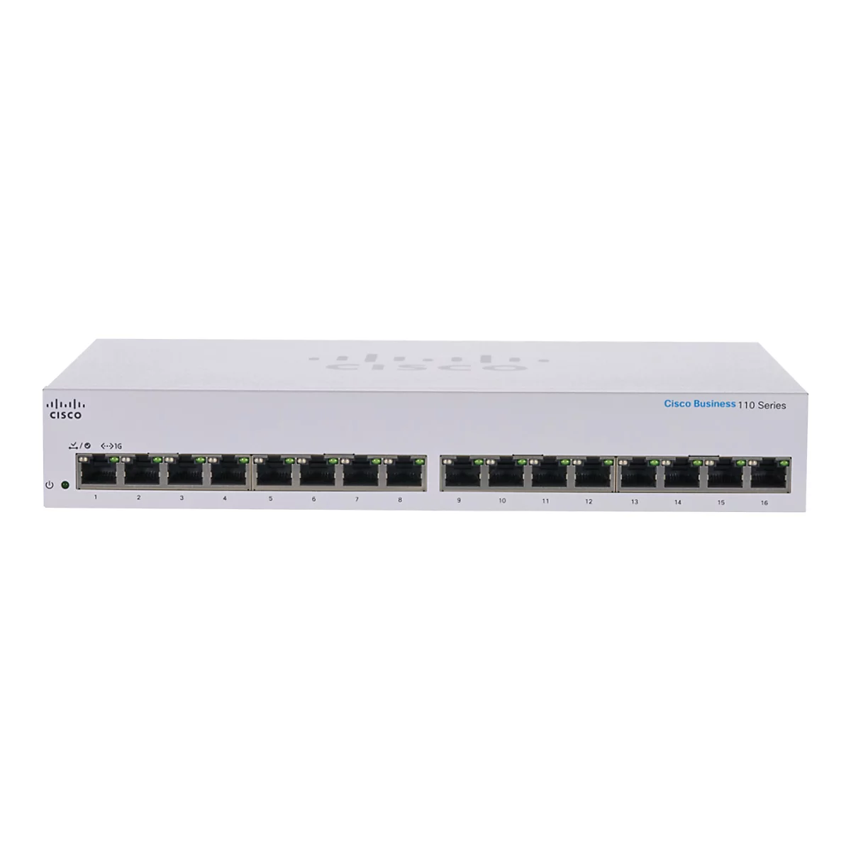 Un commutateur Cisco Business 110 Series blanc avec 16 ports, sur fond blanc.