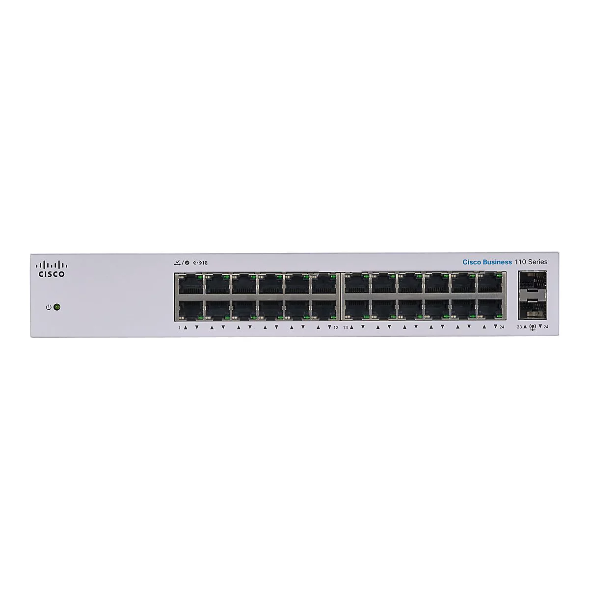Un commutateur gris Cisco Business 110 Series avec 24 ports. L'appareil comporte des ports, des voyants lumineux et des étiquettes.