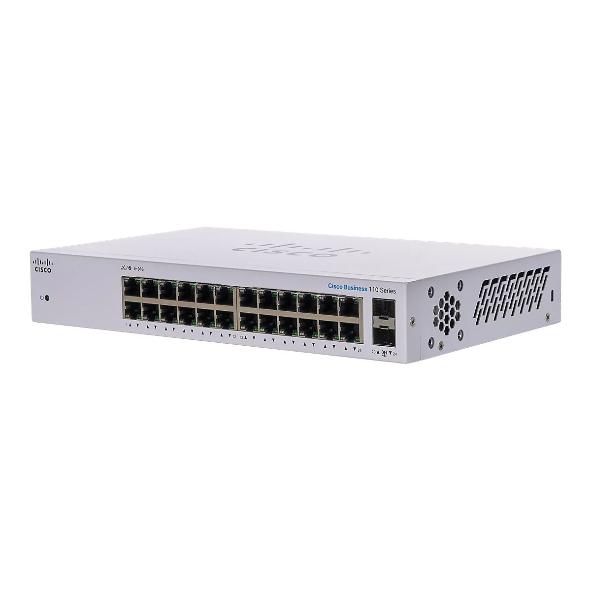 Un commutateur Cisco Business 110 Series blanc avec plusieurs connexions de ports et une grille de ventilation sur le côté.