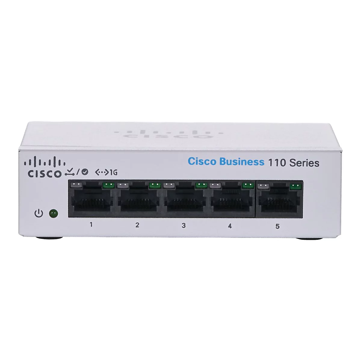 Commutateur Cisco blanc avec cinq ports. Étiquette : Cisco Business 110 Series.