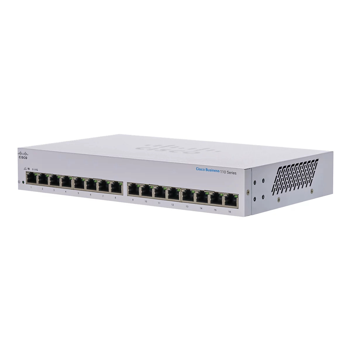 Un commutateur Cisco Business 110 Series argenté avec 16 ports, sur fond blanc. Comprend le logo Cisco et les numéros de port.