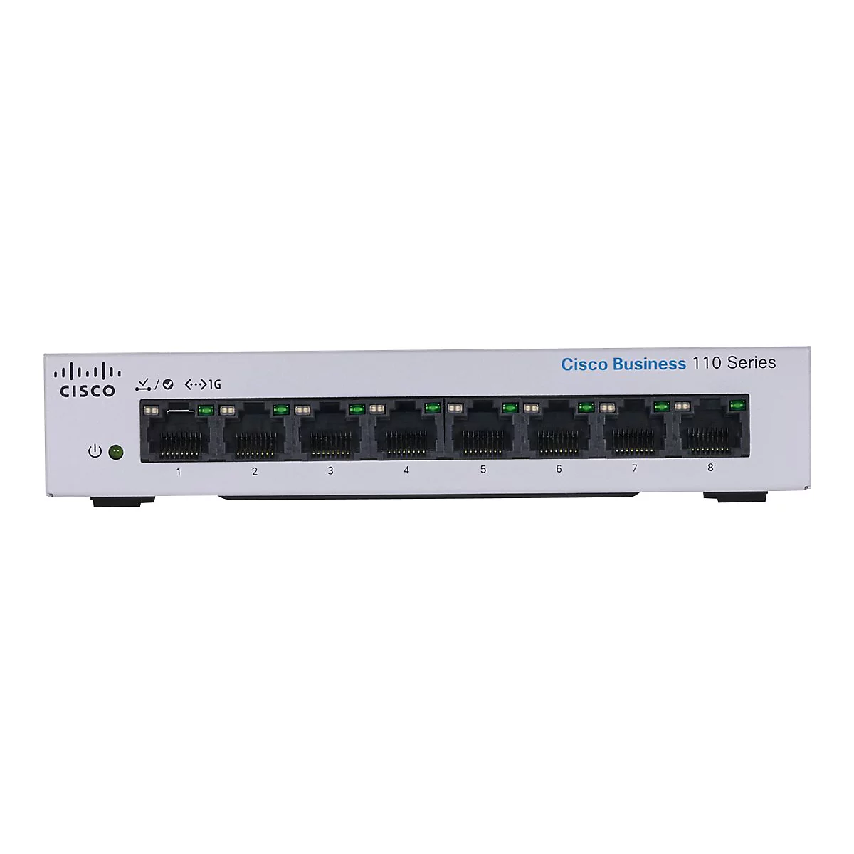 Commutateur Cisco gris avec huit ports, numérotés. Texte : Cisco Business 110 Series.