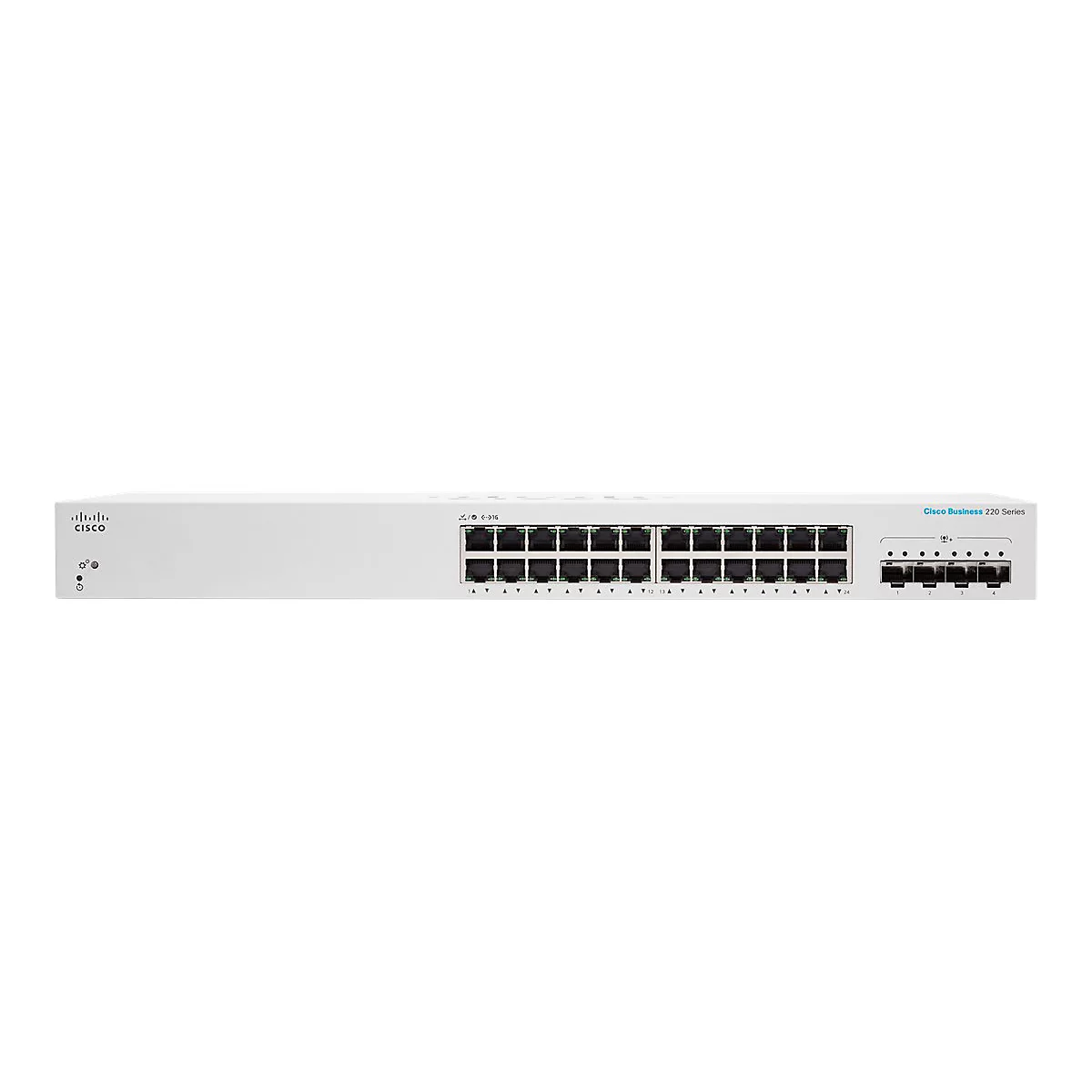 Commutateur réseau blanc de la série Cisco Business 220 avec ports et LED.