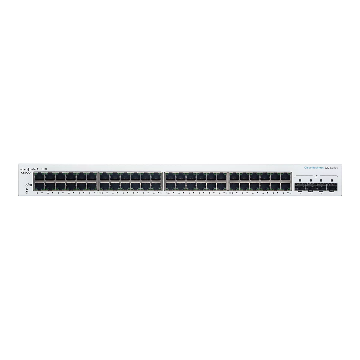 Un commutateur réseau blanc Cisco Business 220 Series avec de nombreux ports et voyants de contrôle. L'étiquetage est clairement visible.