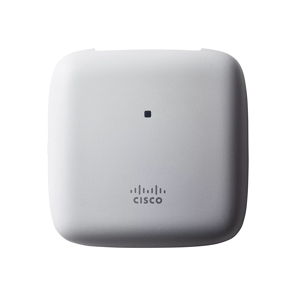 Un appareil carré blanc aux coins arrondis. Un renfoncement en haut, un point noir sur la surface et le logo Cisco.