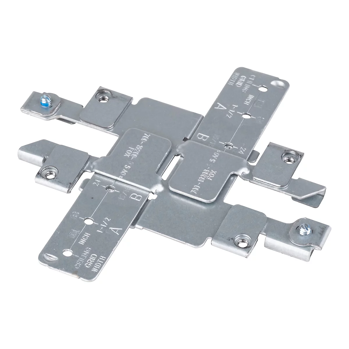 Metallwinkel mit Löchern, Schrauben und Beschriftung für Deckenraster. Die Winkel sind ineinander verschachtelt und bilden ein Kreuz.