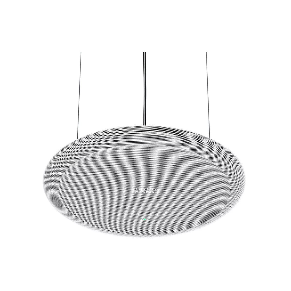 Haut-parleur blanc suspendu, marque Cisco, avec surface perforée.