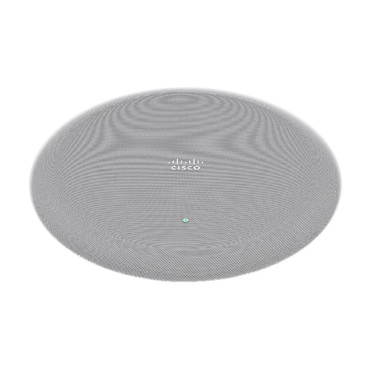 Haut-parleur de plafond rond avec logo Cisco et motif en maille. Une lumière verte est visible.