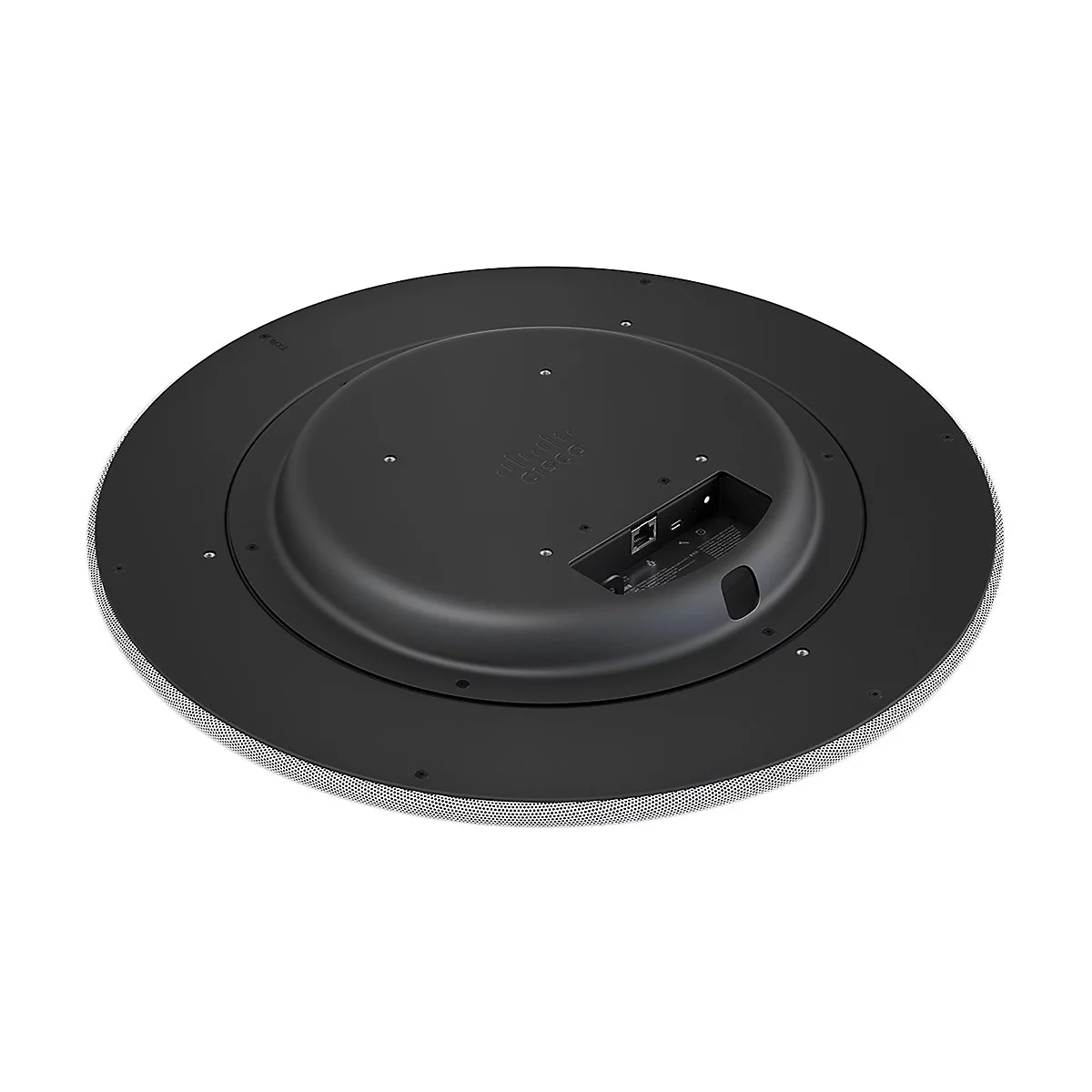 Haut-parleur rond et noir avec le logo Cisco et des connexions. L'anneau extérieur est recouvert d'un matériau gris perforé.