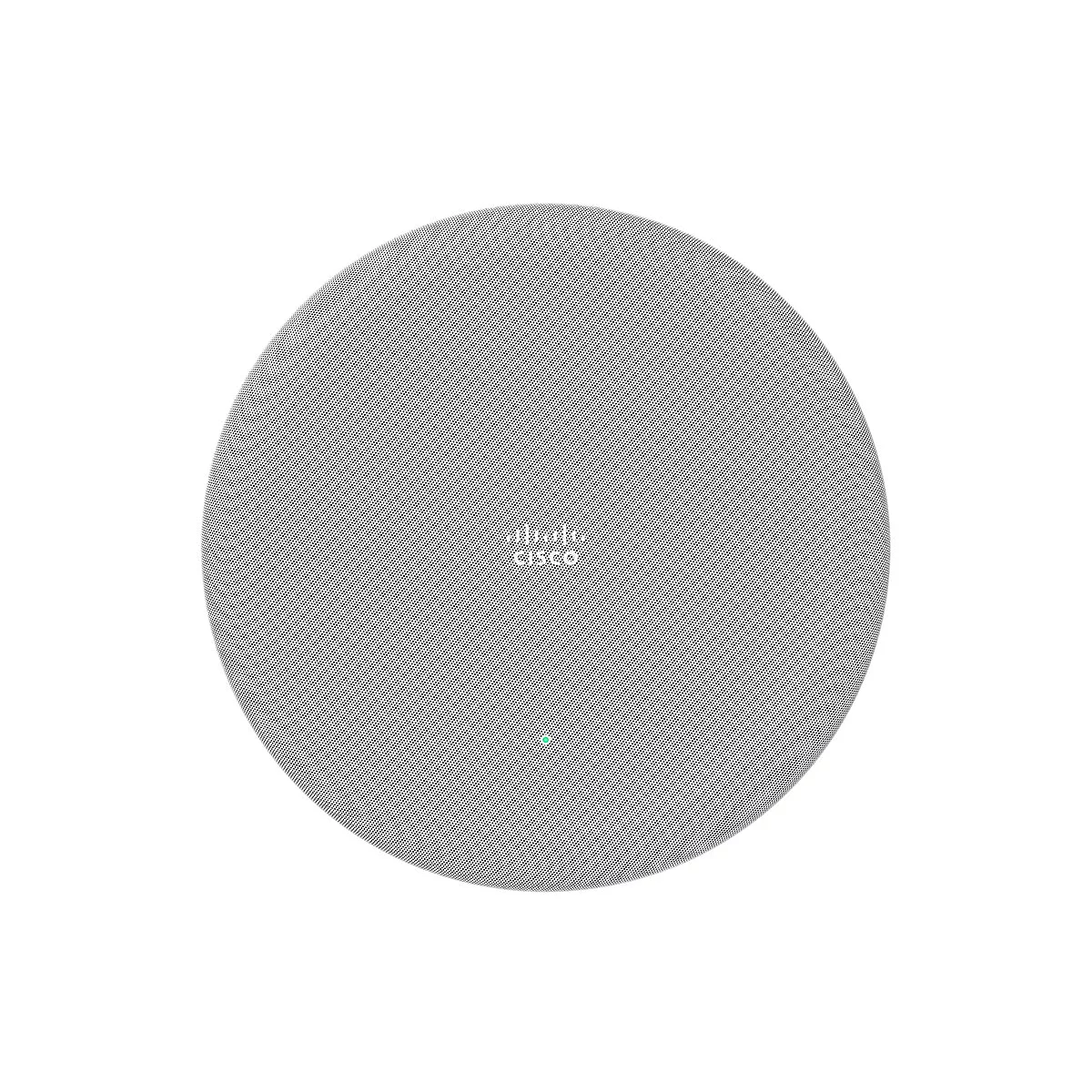 Un haut-parleur de plafond circulaire gris. Le logo Cisco est visible au milieu. Une lumière verte se trouve en bas.