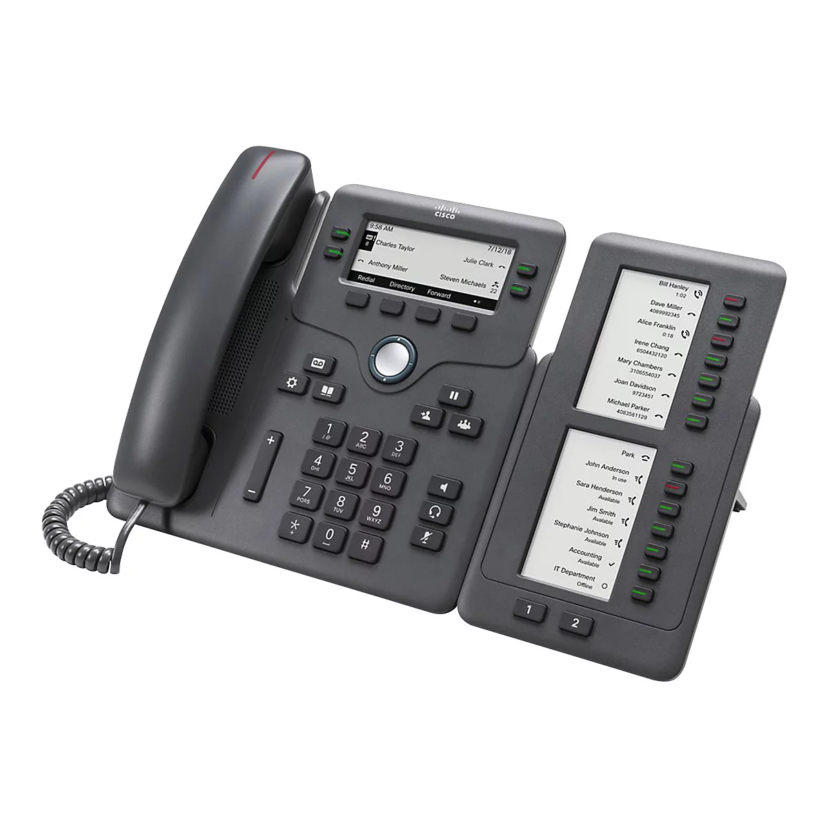 Un téléphone Cisco gris avec un module d'extension, des boutons et des écrans. Le téléphone est posé sur un fond blanc.