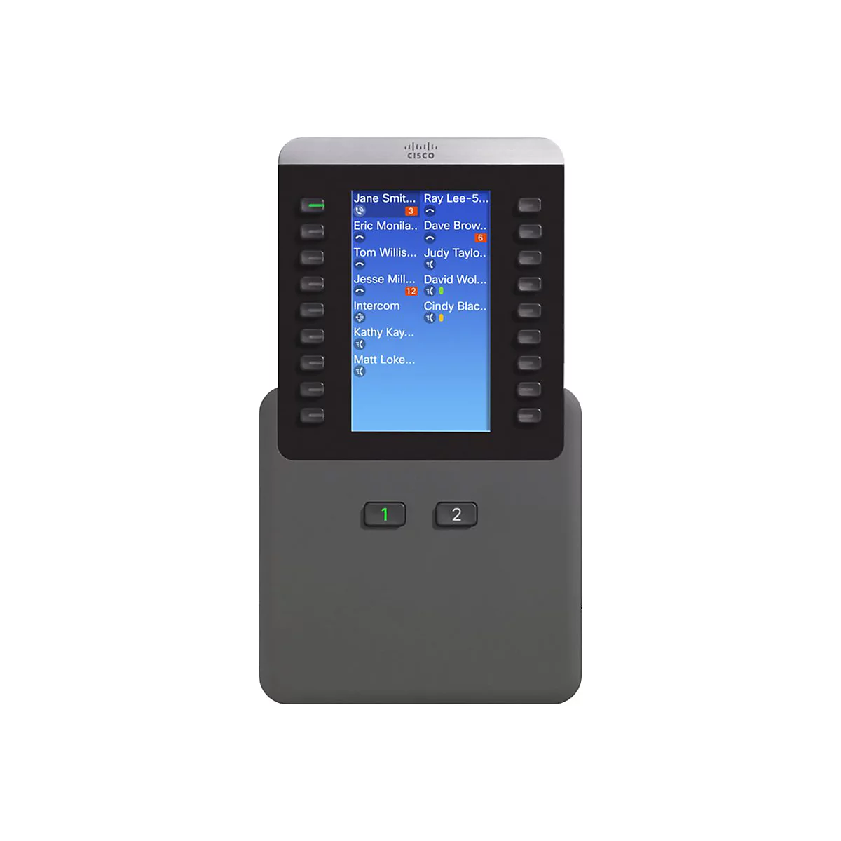 Un téléphone Cisco gris avec un écran, des boutons éclairés et une liste de contacts.