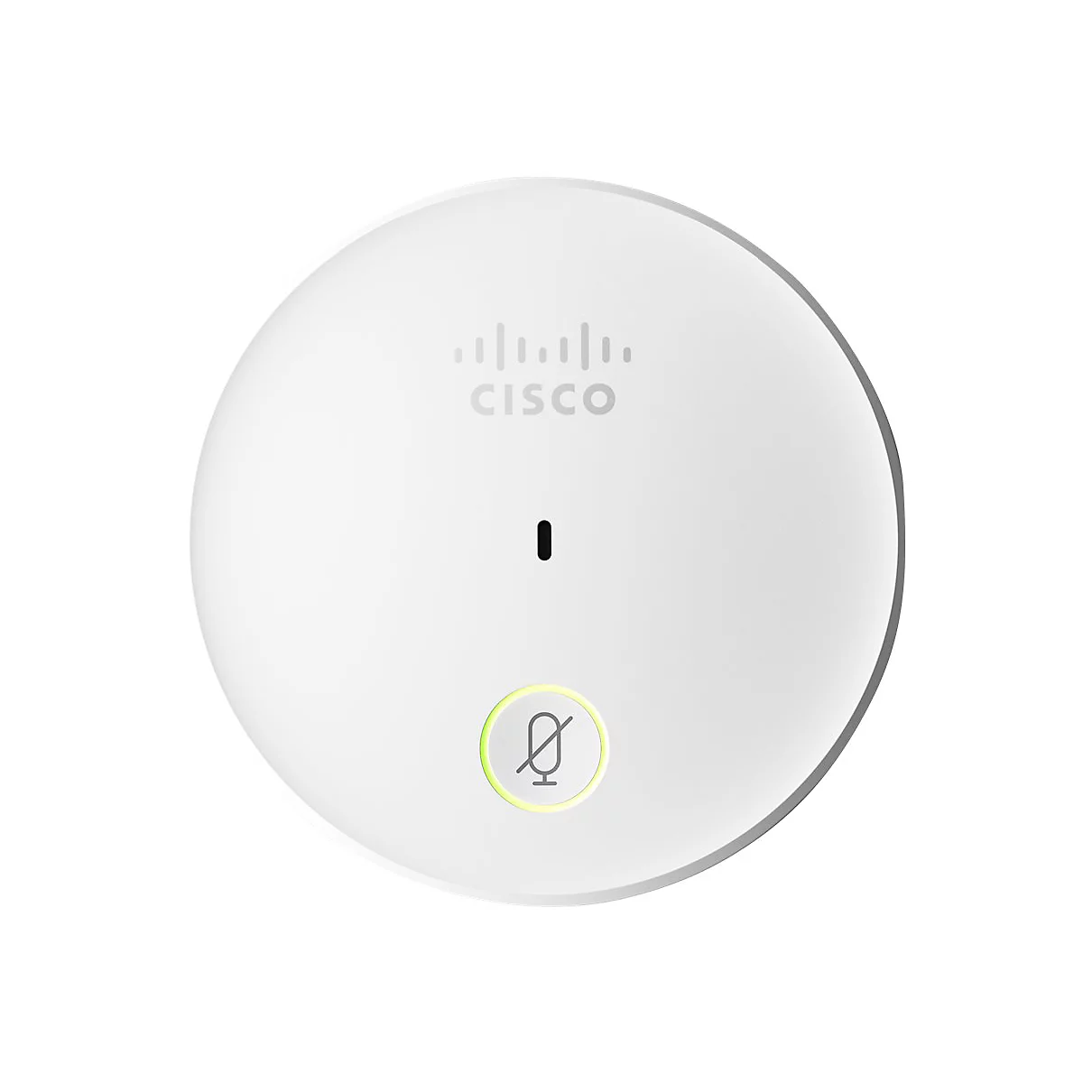 Haut-parleur de microphone Cisco blanc rond avec symbole de microphone désactivé et logo Cisco.