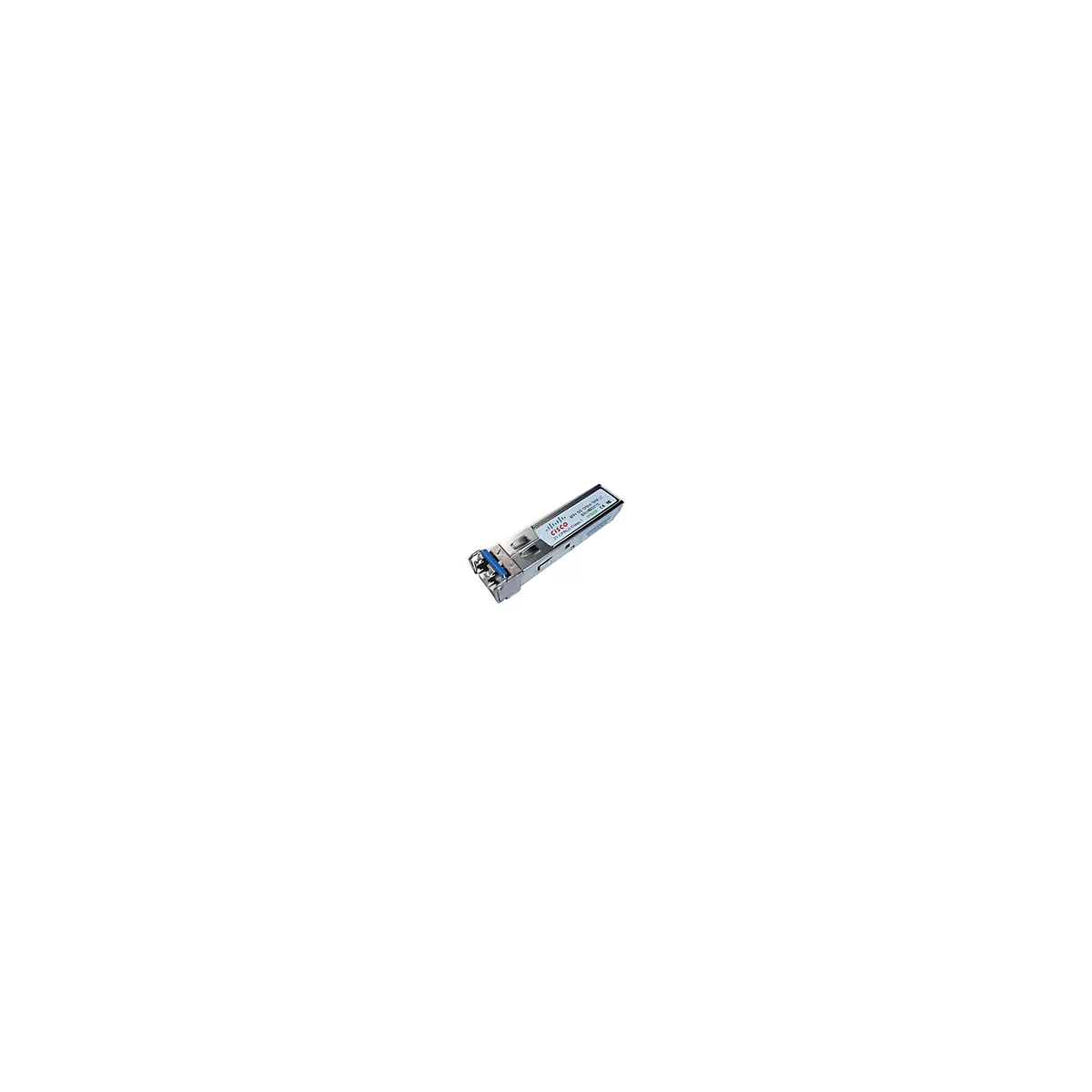 Ein silberner Cisco SFP-Transceiver mit blauem Clip. Beschriftung mit 'CISCO' und technischen Daten.