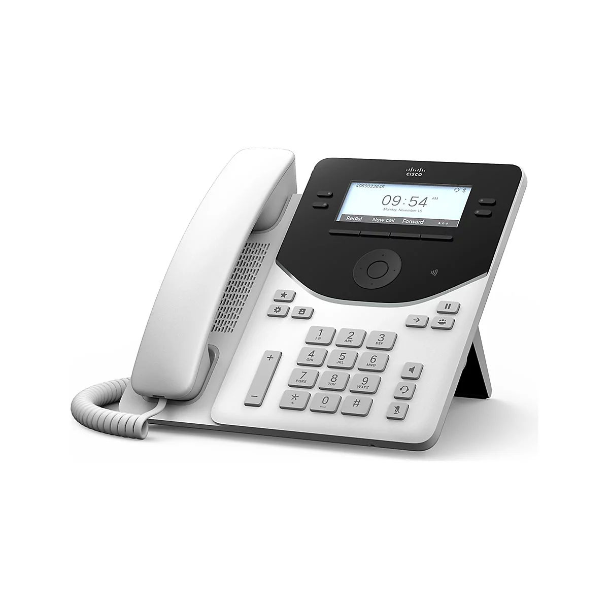 Festnetztelefon in Weiß und Schwarz. Auf dem Display werden Uhrzeit und Datum angezeigt. Tasten und Hörer sind deutlich zu erkennen.