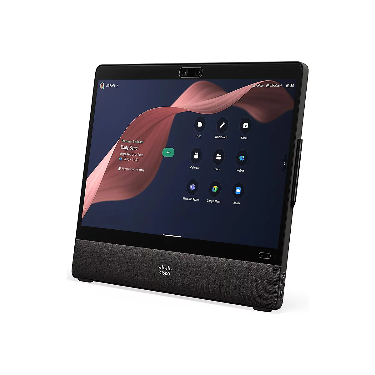 Une tablette Cisco noire avec écran tactile affiche une application de réunion. L'écran affiche des icônes pour les appels, les calendriers et les services de visioconférence.