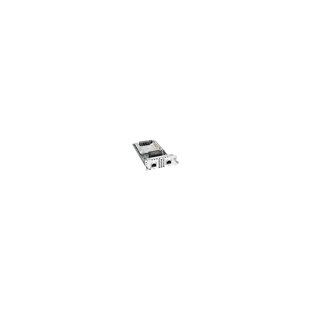 Eine Platine mit Kühlkörper und zwei RJ45-Anschlüssen. Der Fokus liegt auf der technischen Hardware.