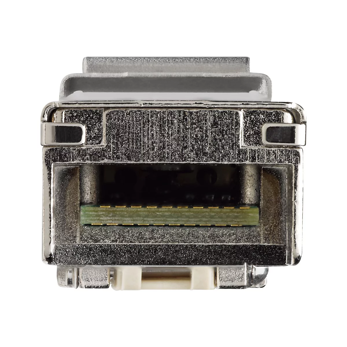 Gros plan d'un connecteur argenté et rectangulaire avec des éléments verts et blancs.