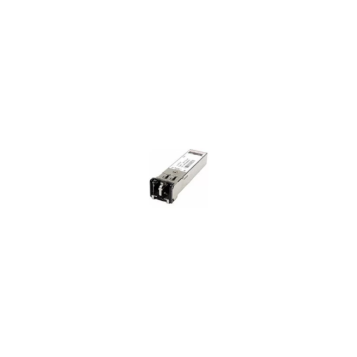 Un module SFP argenté utilisé pour la transmission de données. Il possède un connecteur noir et une étiquette avec du texte.