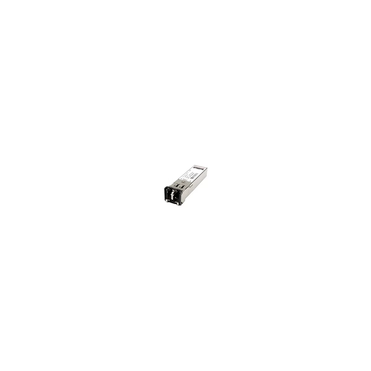Émetteur-récepteur SFP argenté, détails du dessus et du connecteur, autocollant du produit avec du texte.