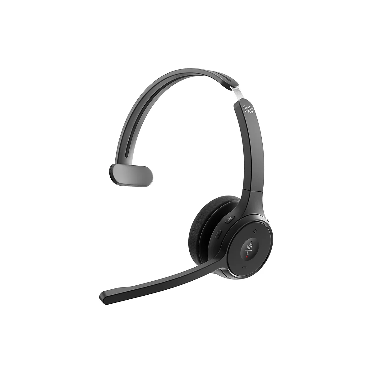 Ein schwarzes Headset mit Mikrofon auf weißem Hintergrund. Das Headset hat den Cisco-Schriftzug.