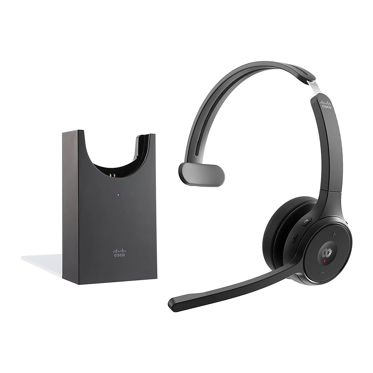 Schwarzes Headset und Ladestation. Auf beiden Elementen ist das Cisco-Logo zu sehen. Das Headset hat ein Mikrofon und Ohrmuscheln.