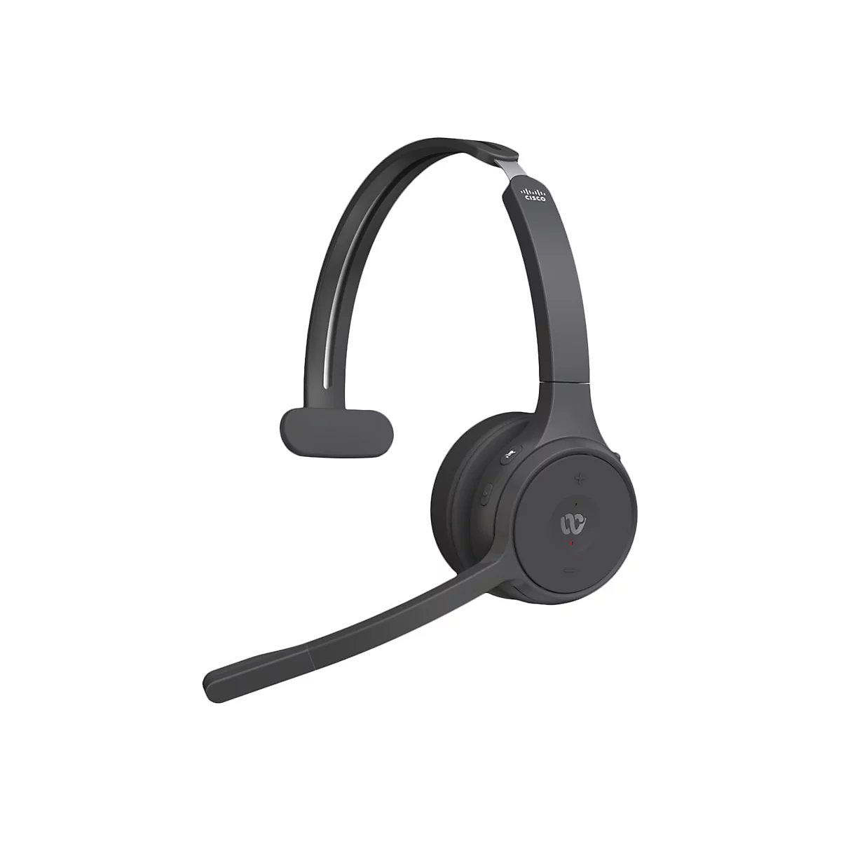 Drahtloses Headset in Grau mit Bügel, Mikrofon und Logo auf der Ohrmuschel. Auf weißem Hintergrund.