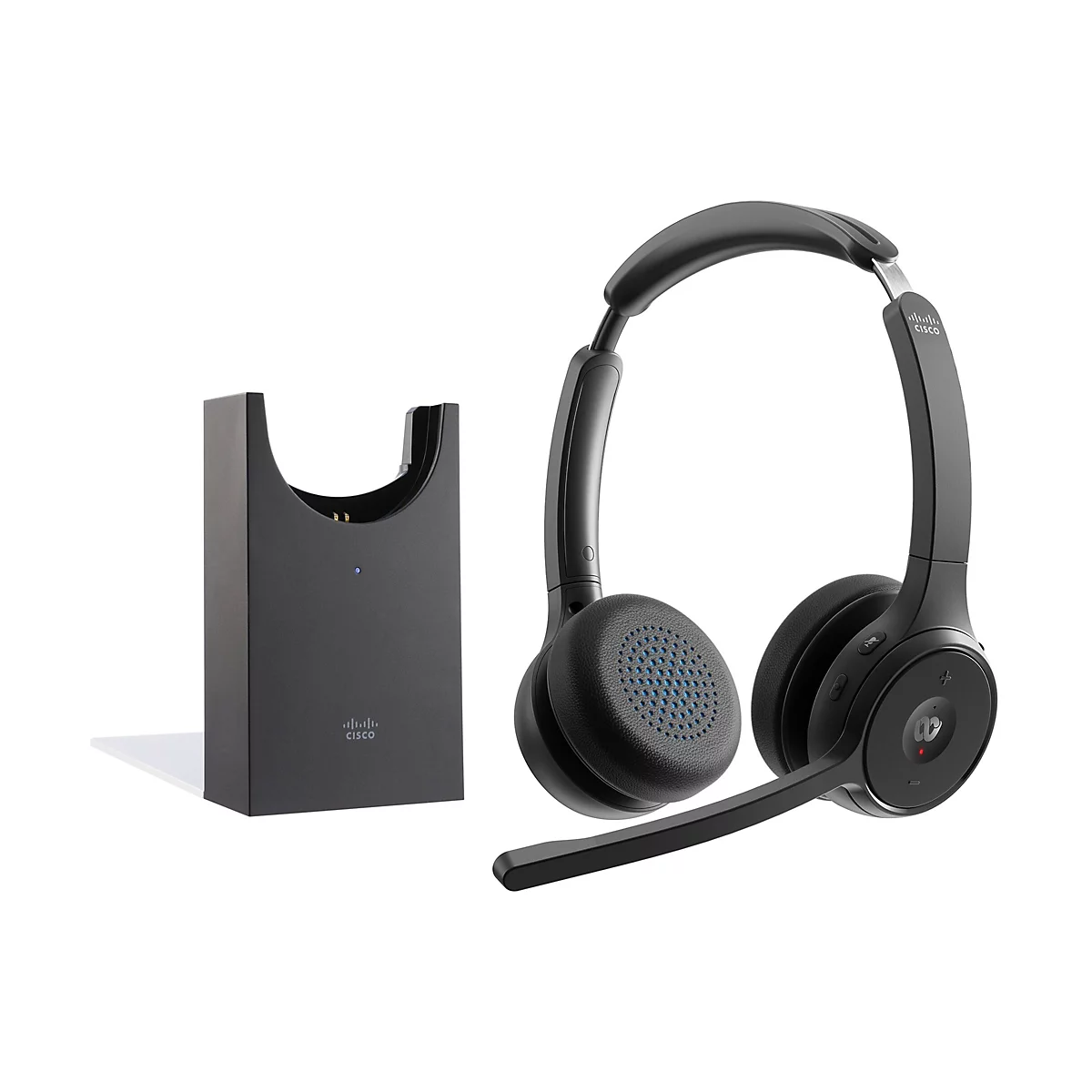 Schwarzes Headset mit Ladestation, beide mit Logo "CISCO". Das Headset hat ein Mikrofon und blaue Details an den Ohrmuscheln.
