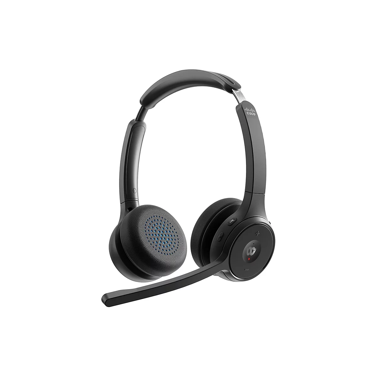 Schwarzes drahtloses Headset von Cisco, mit Mikrofon und blauen Akzenten.