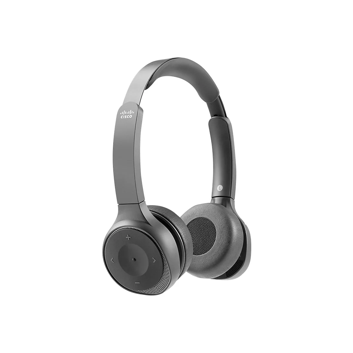 Casque circum-auriculaire gris avec logo Cisco, boutons sur les oreillettes. Sur fond blanc.