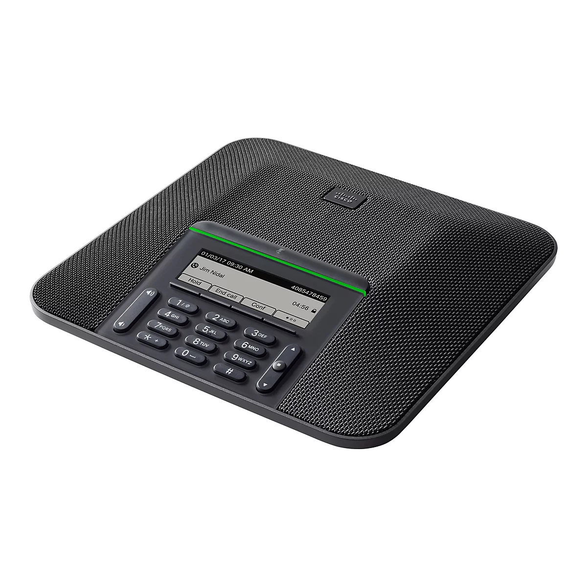 Schwarzes Cisco Konferenztelefon mit Display und Ziffernblock auf weißem Grund. Auf dem Display: Datum, Zeit, Name, Telefonnummer.
