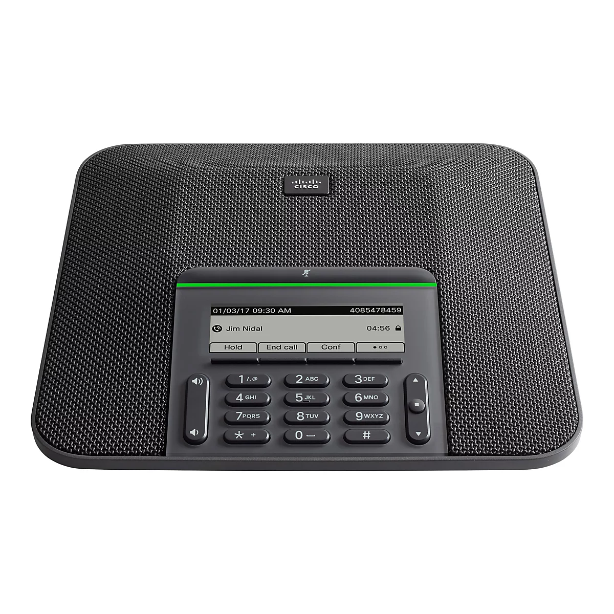 Ein schwarzes Cisco Konferenztelefon mit Bildschirm und Tasten. Auf dem Bildschirm sind Informationen zu einem Anruf zu sehen.