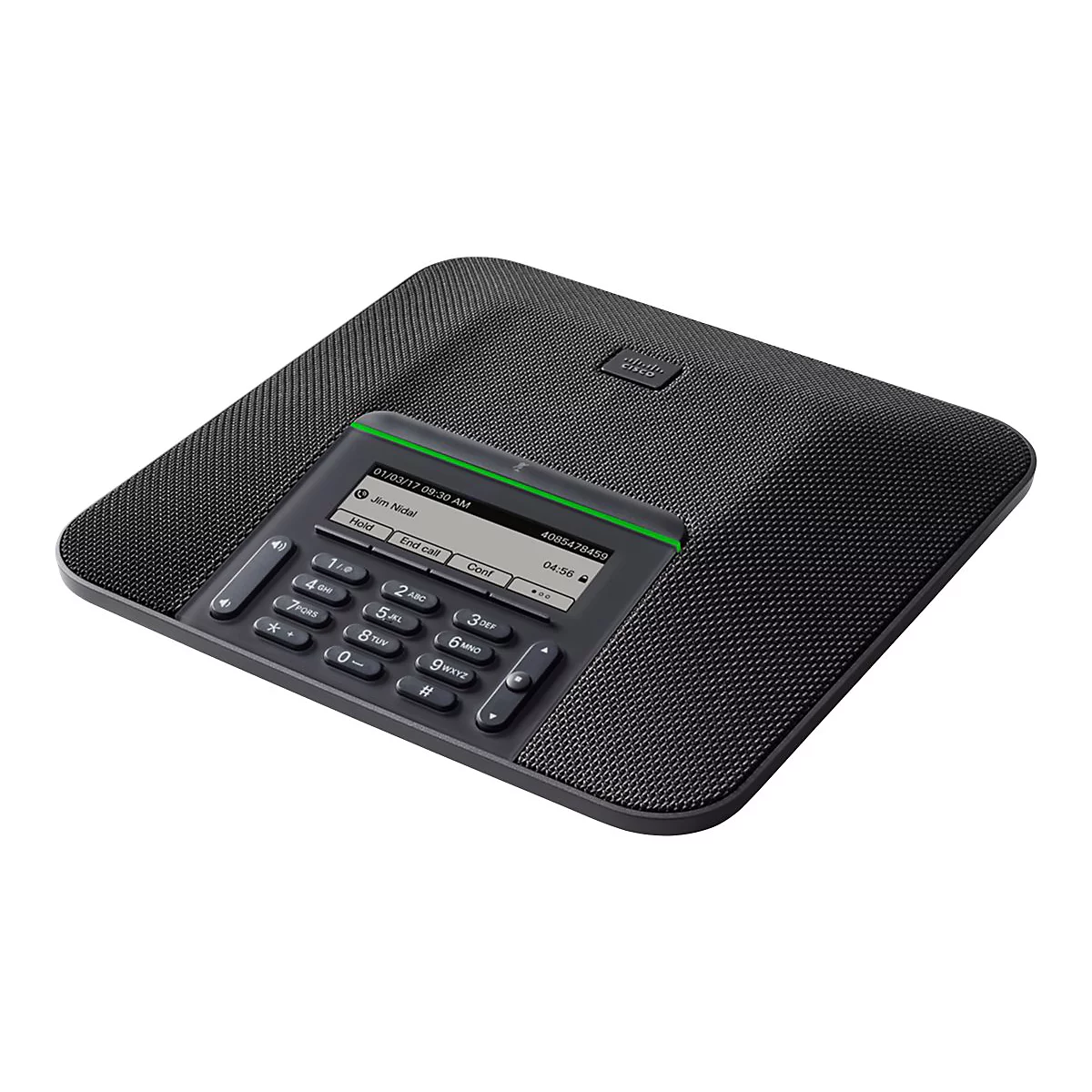 Schwarzes Cisco-Konferenztelefon mit Display und Tasten. Datum: 01/03/17 09:30 AM, Name: Jim Nidal, Anrufdauer: 04:56.