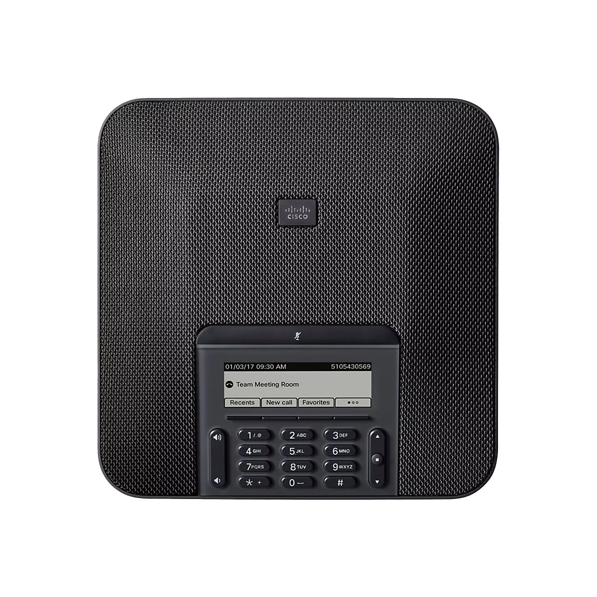 Schwarzes Cisco-Konferenztelefon, das die Uhrzeit und einen Anrufsverlauf anzeigt.