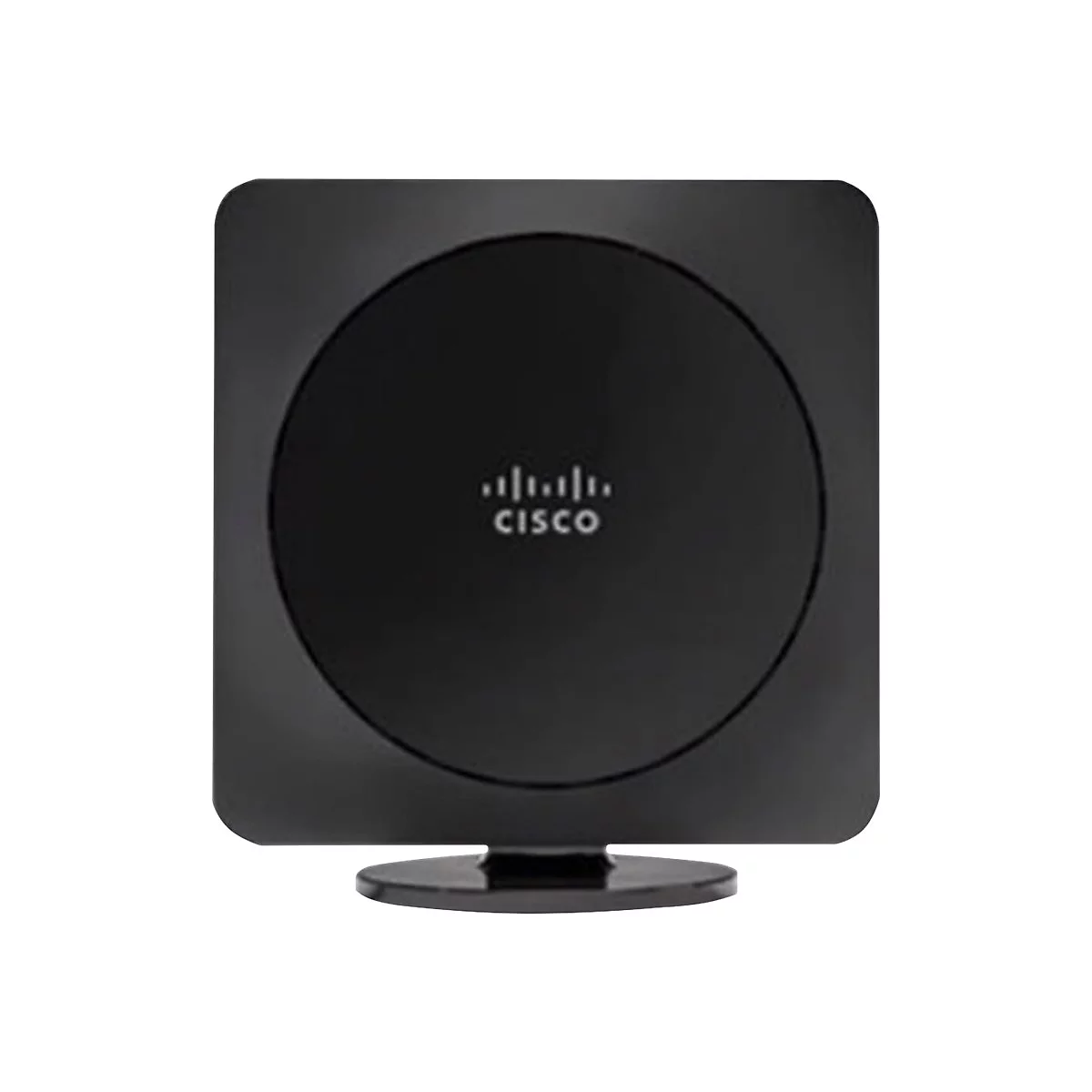 Appareil réseau noir avec une section centrale ronde et le logo Cisco sur fond blanc.