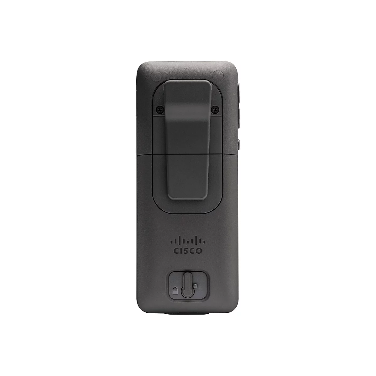 Grauer rechteckiger elektronischer Clip mit Clip-Verschluss, Cisco-Logo.